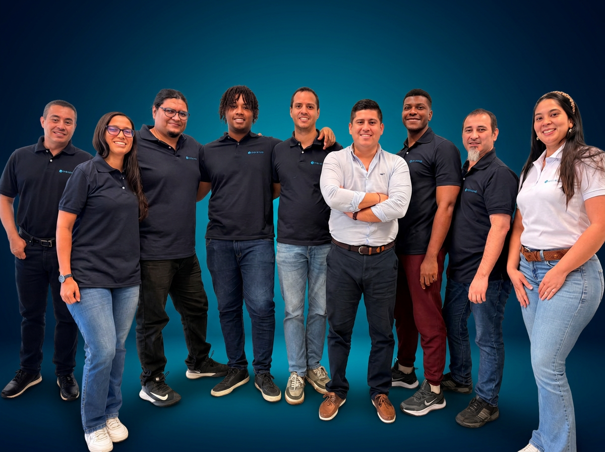 Equipo de eholding sobre fondo azul corporativo
