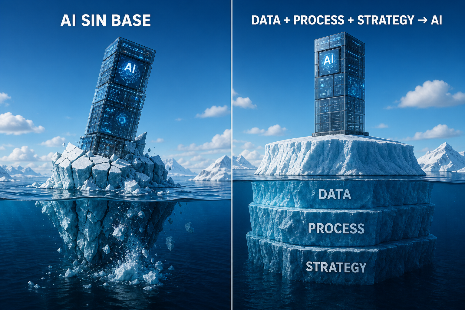 Comparativa: AI sin base versus Data + Process + Strategy como base sólida para aplicar AI